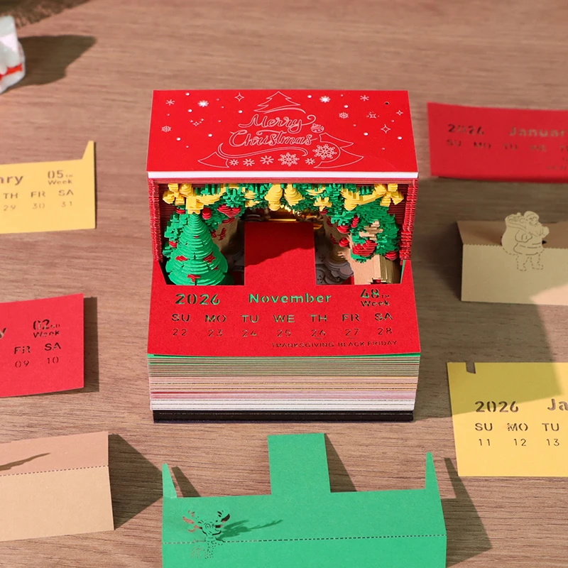Calendario Time Piece 2026 Calendario da tavolo con luce a LED Calendario 3D a strappo Intaglio su carta Blocco note artistico Blocco note Regalo di Natale