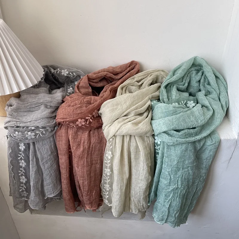 Cotton Linen Lace Splicing Scarf Lady Breathable Super Fairy Tulle Towel Literary Embroidery New Spring and Summer
