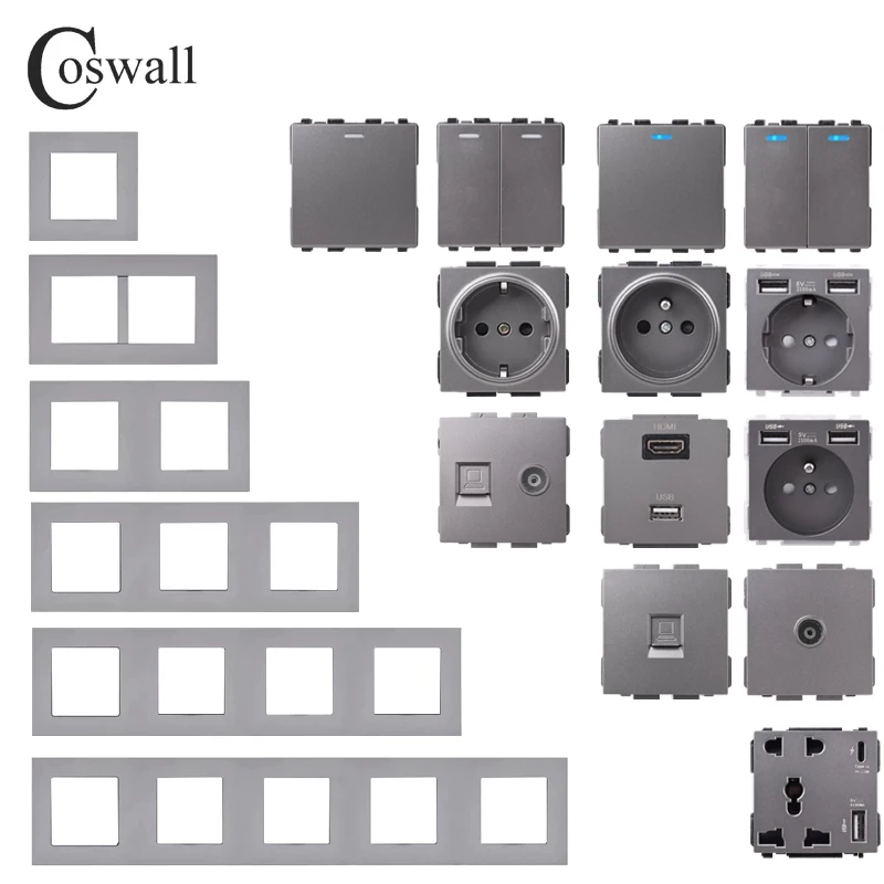 COSWALL E20 Series Grey PC Panel Wall Switch EU French Socket HDMI-compatible USB Charger Female TV RJ4  Modules DIY