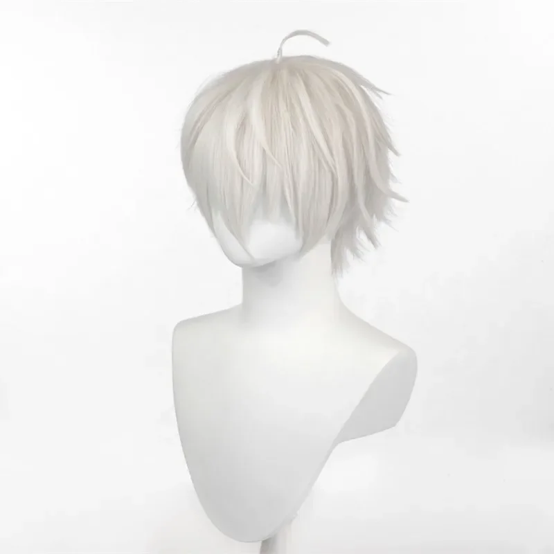 Hanerou peruca curta masculina sintética reta ondulada peruca de cabelo branco resistente ao calor para festa diária de cosplay de anime