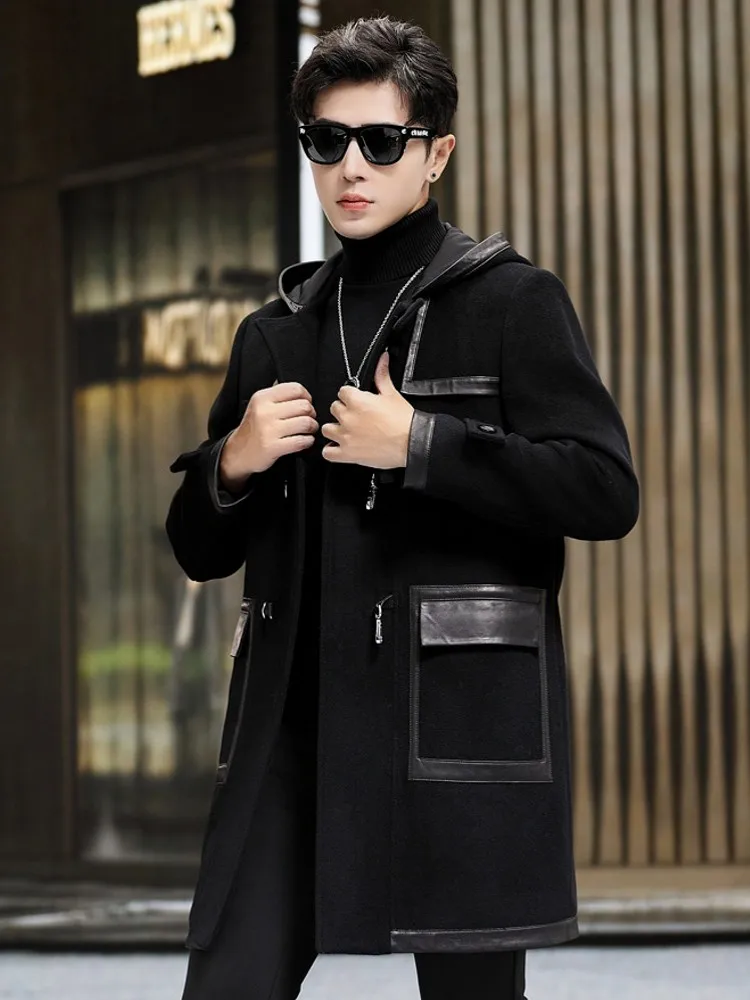 Preppy Style Winter Mens Long Real Wool Coat New Spliced Sheepskin Trench Autumn Winter Casual Hooded Natural Sheep Fur Overcoat