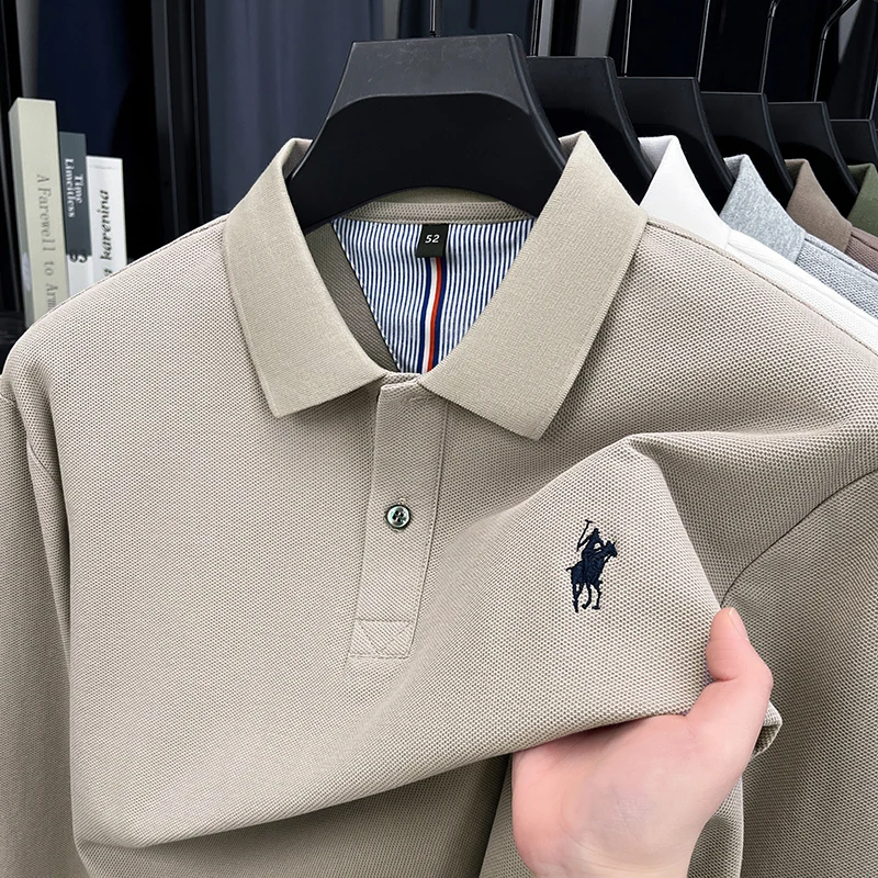

2025 Новая хлопковая мужская футболка с длинными рукавами, лацканами и вышитым логотипом, рубашка-поло, мужская весенне-осенняя одежда