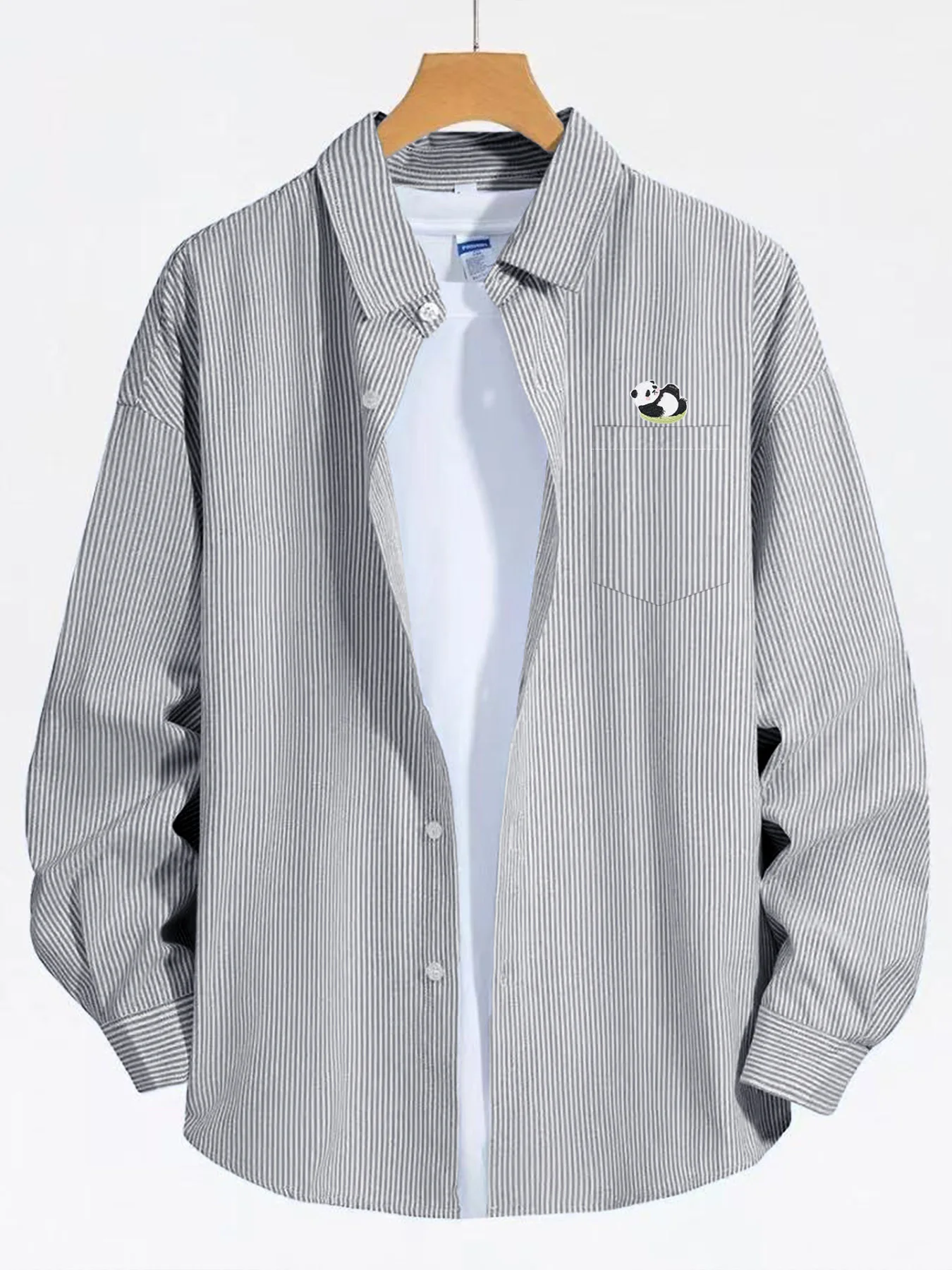 

Trendy Men's Casual Shirt with Fun Cartoon Panda Sunbathing Print, Striped Long Sleeve, Versatile Fashionable Outerwear