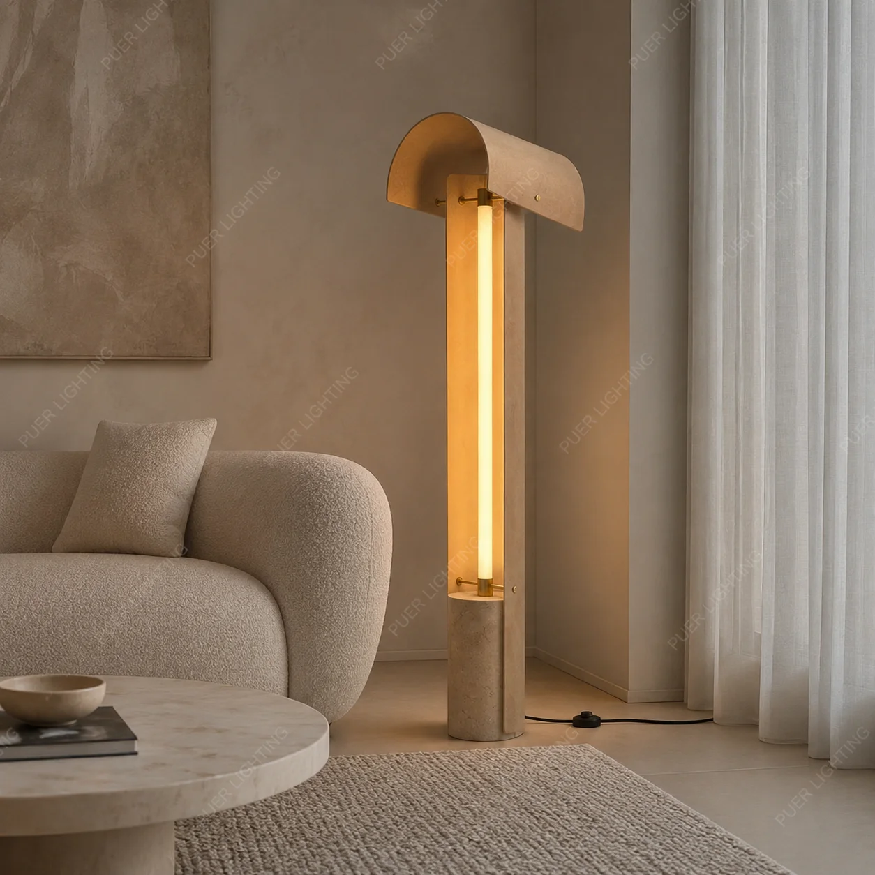 Leather Felt Shade Custom Floor Lamp Yellow Travertine Base Standing Lamp Living Room Bedroom Sofa Side Home Decoration Lighting