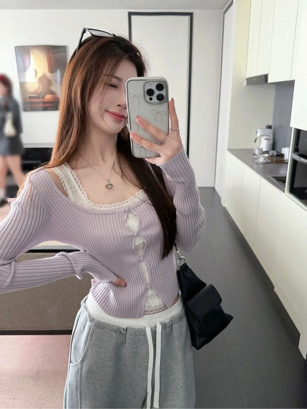

Korean Style Short Knitted Base Shirt Women Early Autumn Chic Sweet And Spicy Lace Trim Inner Wear Short Top Purple