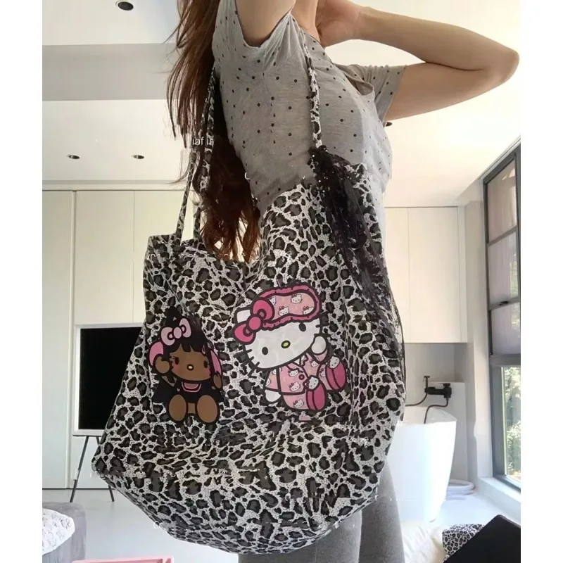 MINISO Hello Kitty Handbag Anime Retro Canvas Printed Shoulder Bag Large Capacity Leopard Print Backpack Versatile Tote Bag Cute