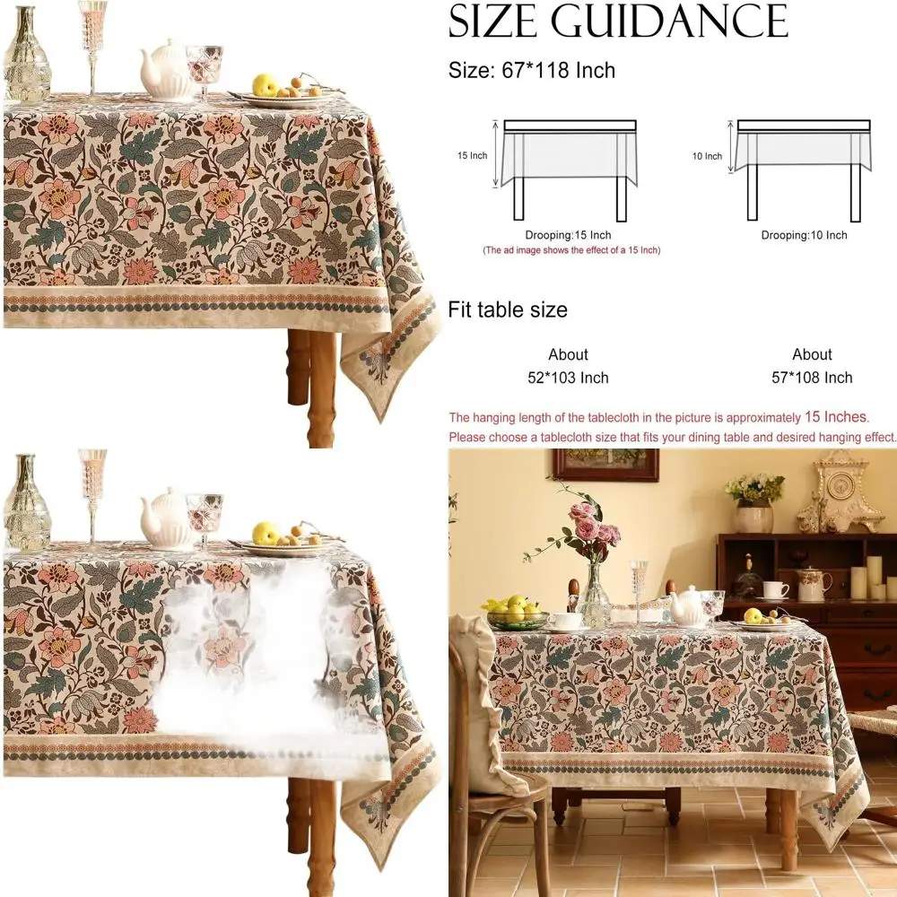

Boho Floral Rectangle Tablecloth, Linen Lotus Pattern, Colorful & Durable for Dining & Holidays, 67x118 inches - Hazel A