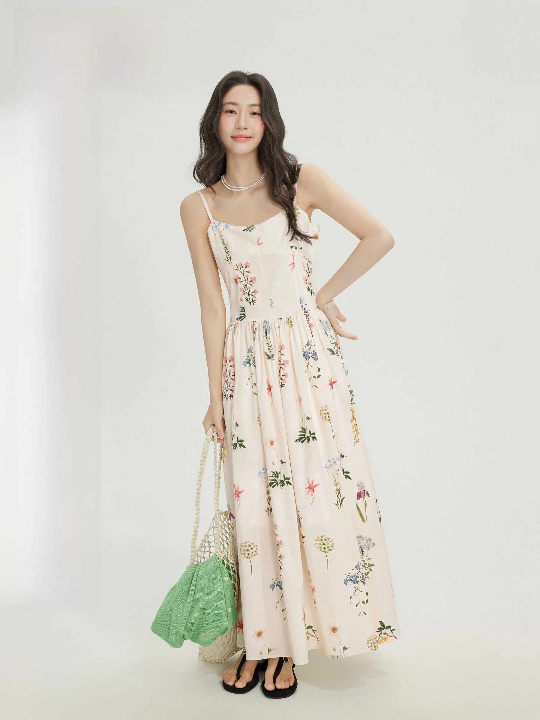

Zhang Dou Dou Floral Print ter Dr Women's Summer 2025 Beautiful Beach Vaion Sle Long Dr Korean Sle High Waist...