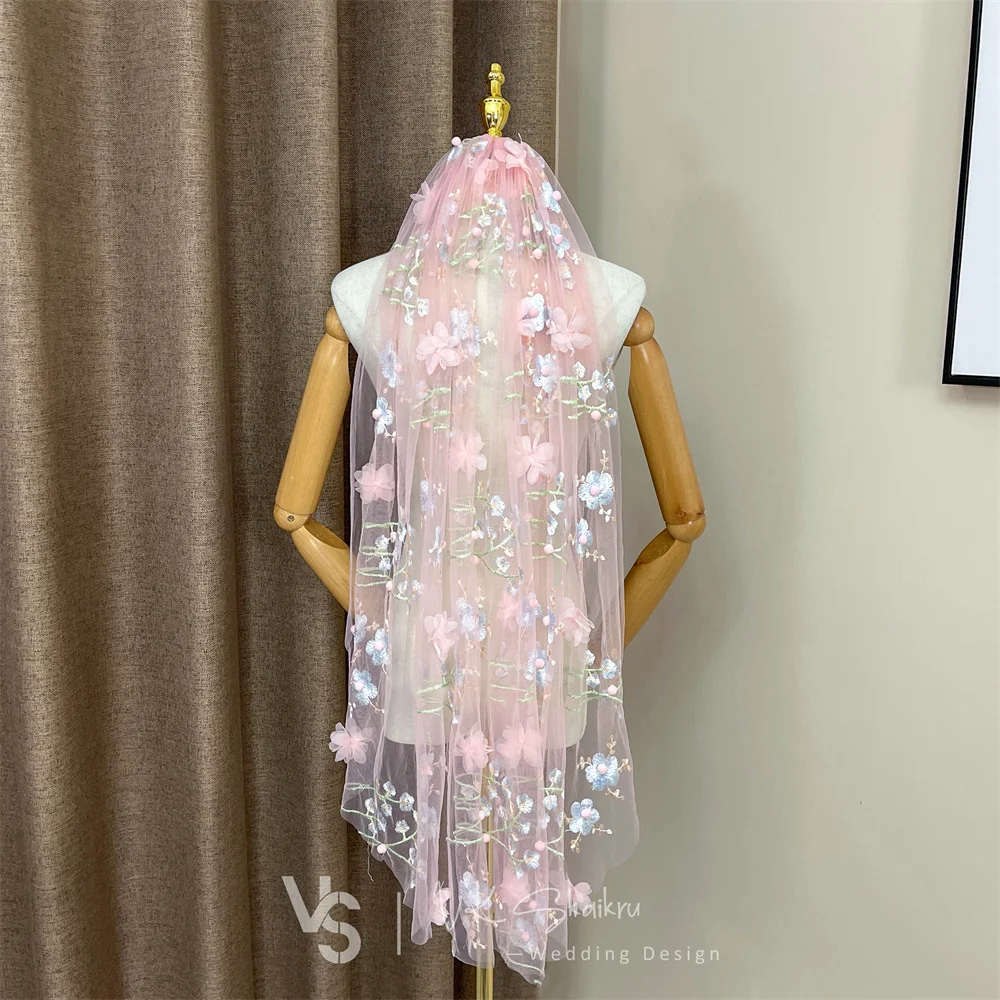 VK SKAIKRU ثلاثية الأبعاد نسيج الدانتيل الأزهار حجاب الزفاف للعروس طبقة واحدة حجاب الزفاف الإصبع مع مشط قطع حافة حجاب الزفاف قصيرة