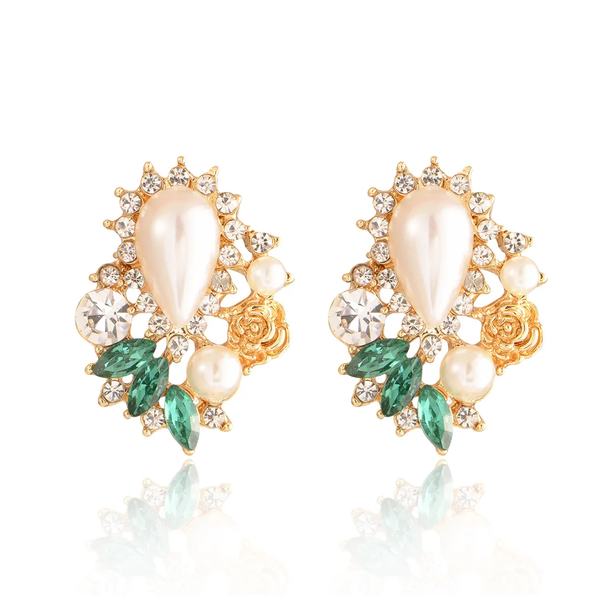 

Unique Design Pearl & Green Crystal Stud Earrings Elegant Temperament Zircon Earrings Exquisite Girl's Versatile Jewelry