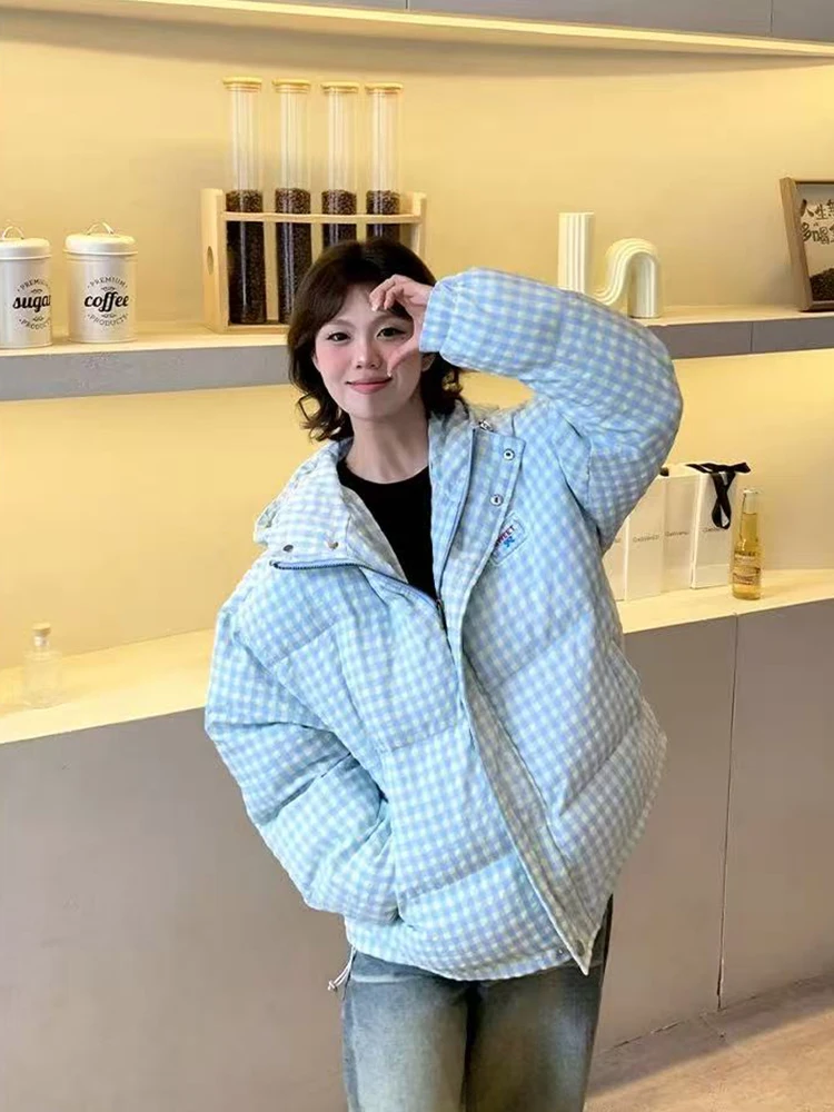여성을위한 한국어 세련된 격자 무늬 후드 코트 겨울 두꺼운 따뜻한 느슨한 캐주얼 패딩 다운 재킷 Y2K 여성 올 매치 지퍼 겉옷