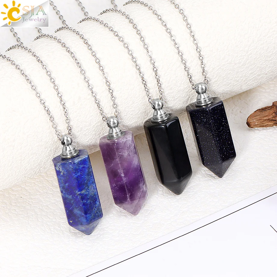 Crystal Perfume Bottle Pendant Necklace Reiki Natural Stone Amethysts Hexagon Point Essential Oil Diffuser Pendant Jewelry H773