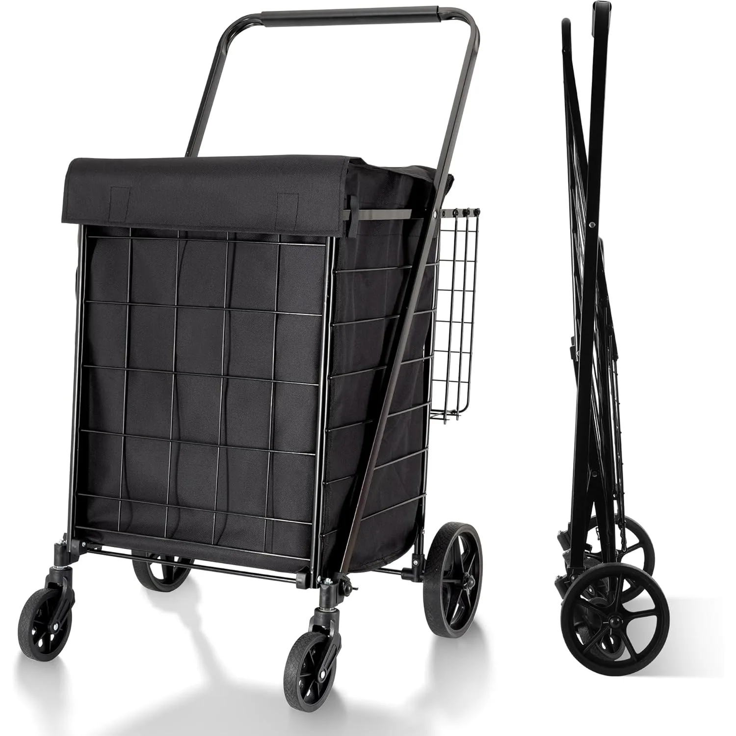 Folding Shopping Cart，Grocery Cart Large Bag with Top Cover, 340 Lb Capacity, Utility Cart with 360° Rolling Swivel Wheels