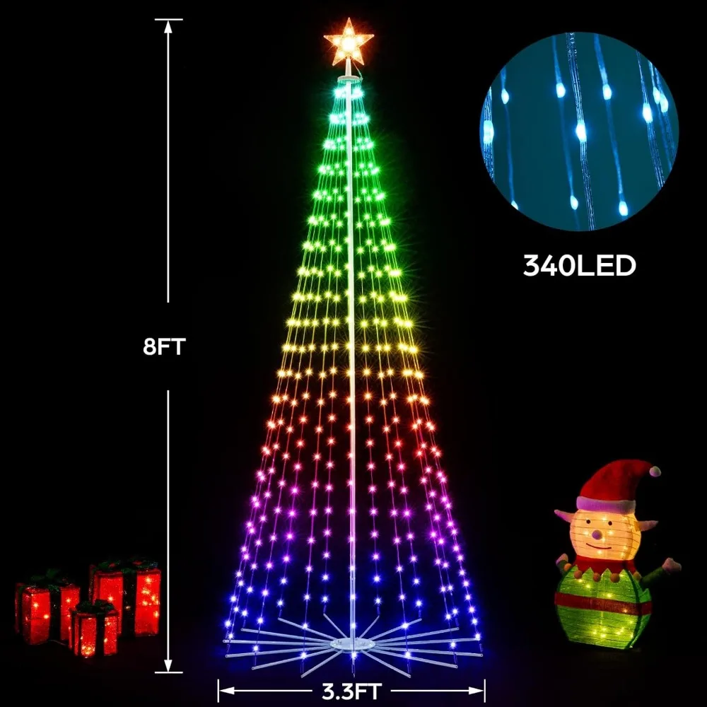 Lampu pohon kerucut Natal 8 kaki, aplikasi pintar kendali jarak jauh RGB berubah warna pengatur waktu DIY 340 LED pohon Natal untuk dalam dan luar ruangan D