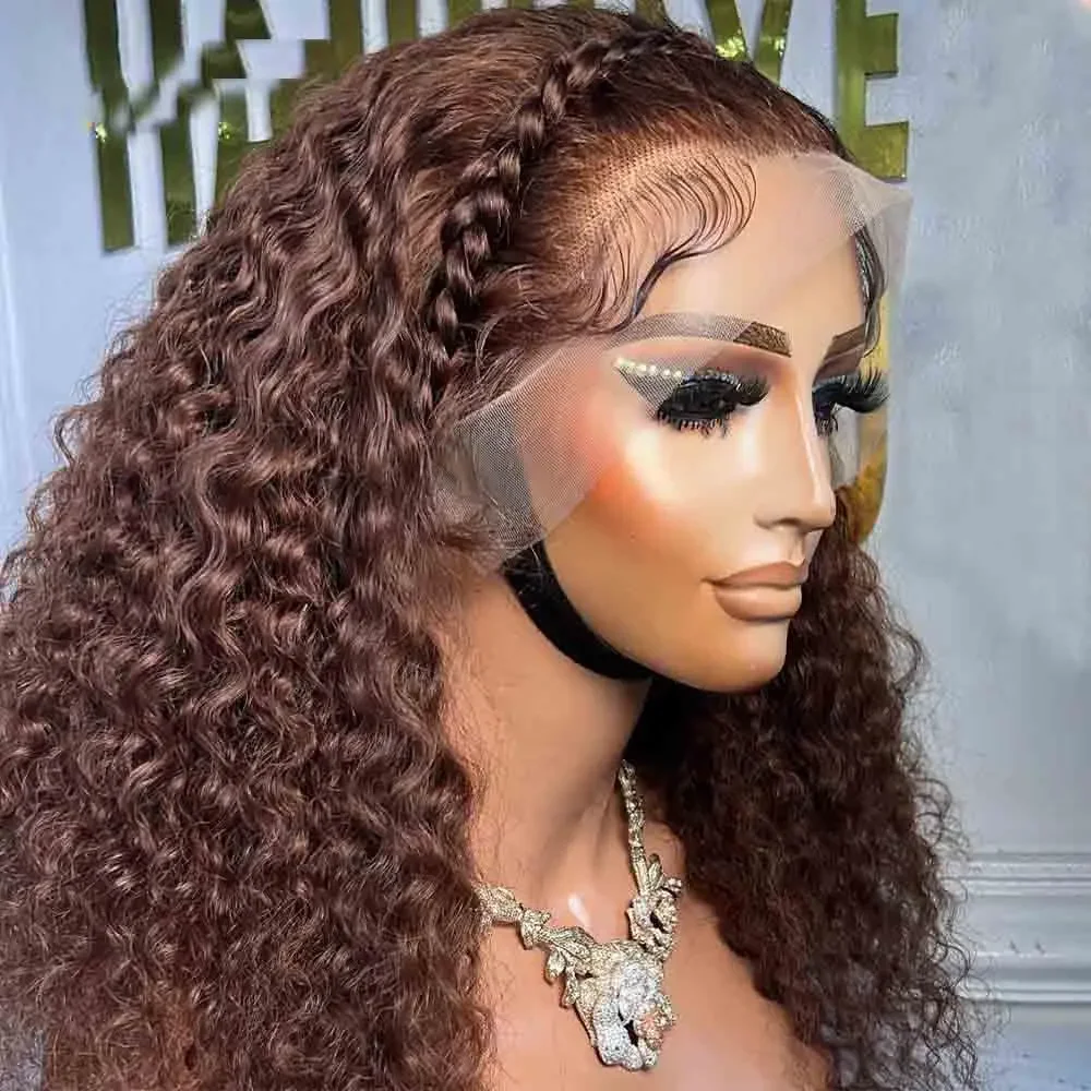 

26Inch Brown Soft Preplucked Long 180Density Kinky Curly Deep Lace Front Wigs For Women With Baby Hair Glueless Daily