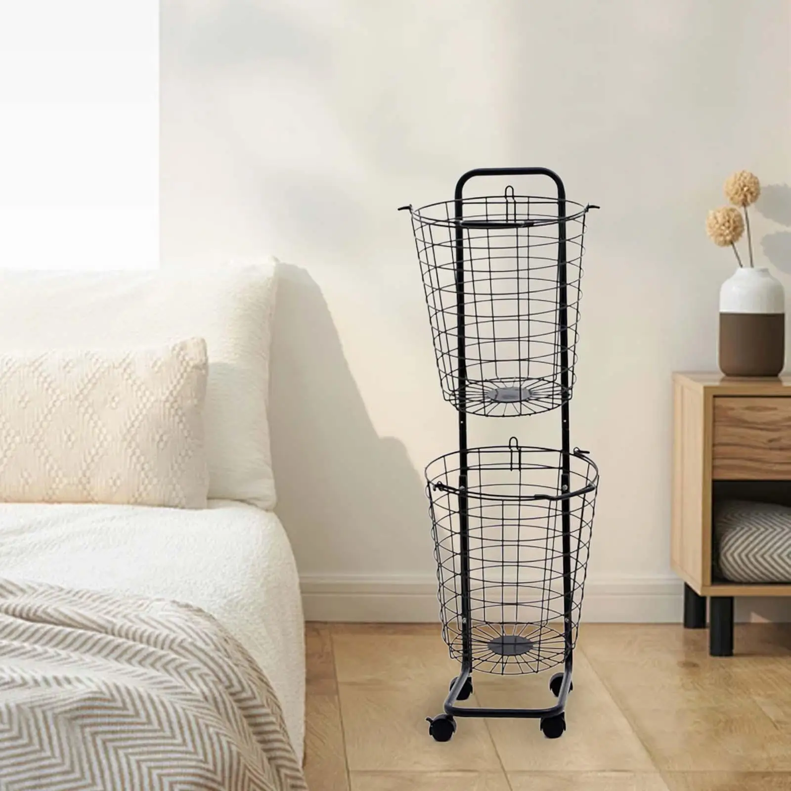 

2 Tier Laundry Cart Mobile Shelving Unit for Bathrooom Laundry Farmhouse