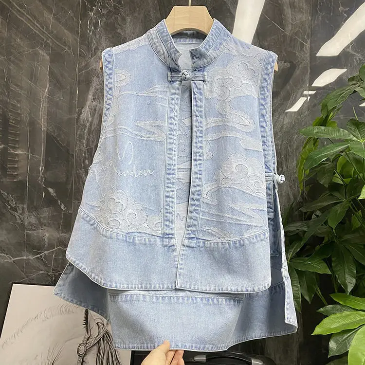 Denim Baggy Vests Vintage Chinese Style Sleeveless Cloud-printed Chic Stand Sweet Simple Aesthetic Students Gentle Jacket Top