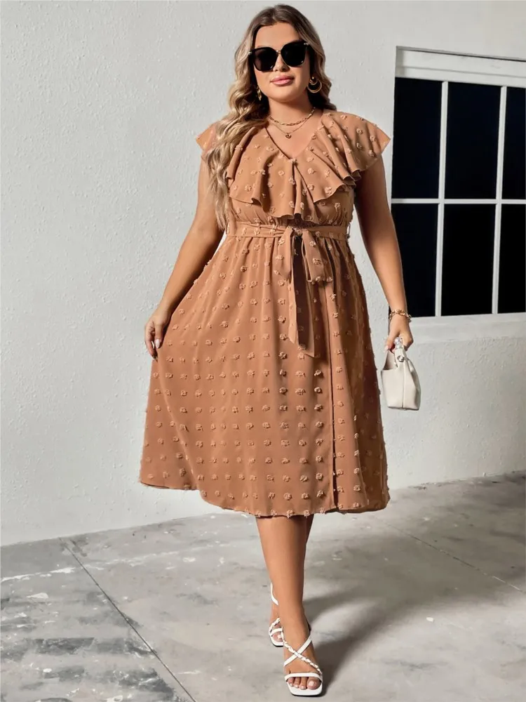 Plus Size Summer Midi Dress Women Embroidery Ruffle Casual Ladies Dresses Loose Pleated Fashion Woman Dress 2023