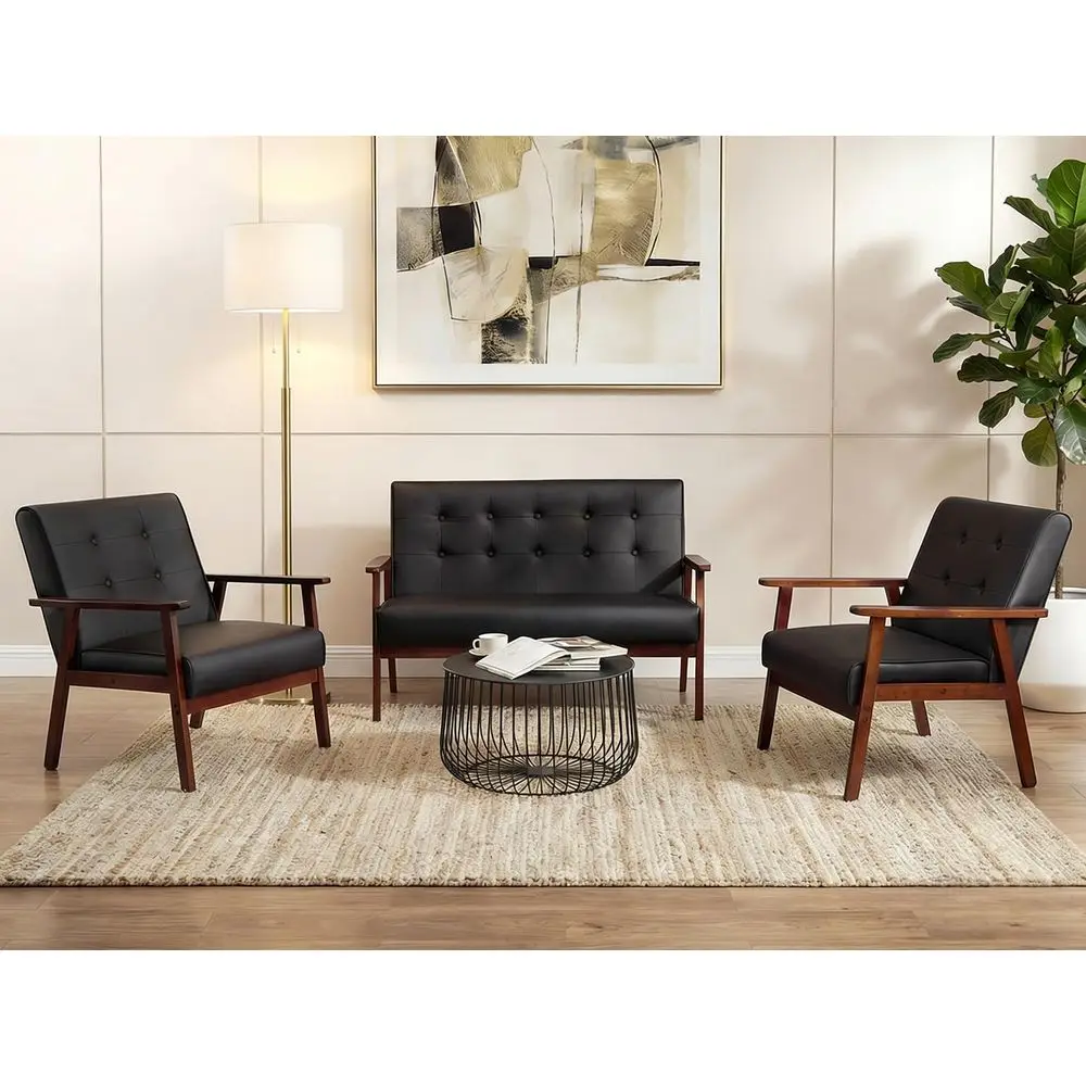 

Комплект мебели для гостиной Century 1: диван-софа на два места и 2 акцентных кресла, деревянные кресла с подлокотниками, набор для гостиной (8428, черный комплект)