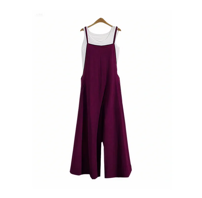Women's Summer Sleeveless Jumpsuit Solid Color Wide Leg Bib Overalls Casual Loose Cotton Linen Straps Dungaree SIZE L-5XL image 6