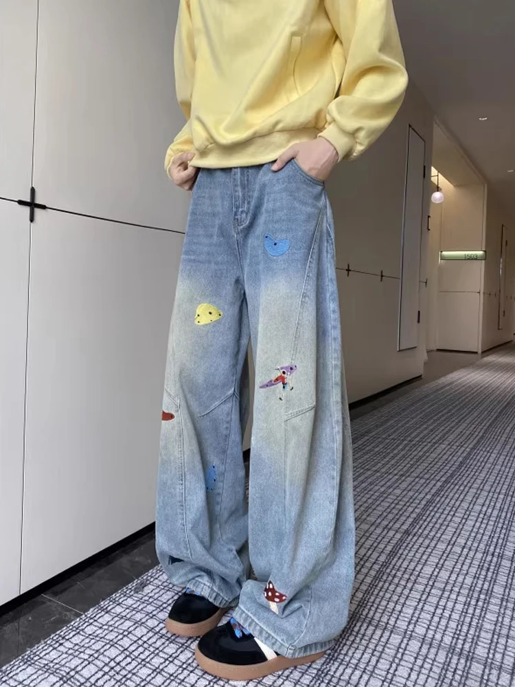 Męskie jeansy z nadrukiem w stylu casual, amerykańskie, modne na jesień, uniwersalne, do noszenia na co dzień, luźne spodnie z prostymi nogawkami.