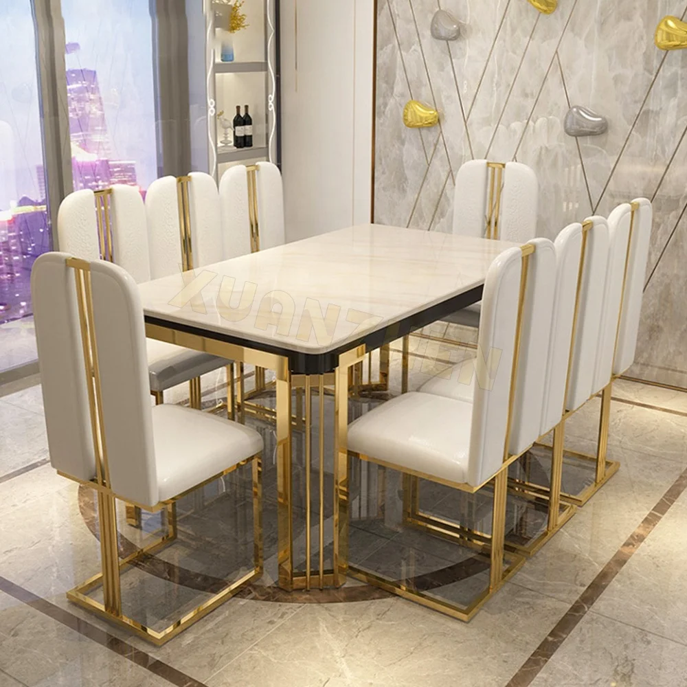 Dining room furniture white modern stainless steel stone gold luxury marble dining table set restaurant dining tables