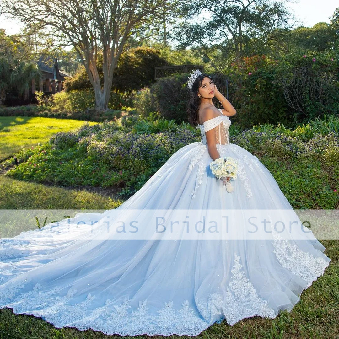 Vestido De Quinceañera De lujo, apliques De cuentas sin tirantes, ilusión De tren De barrido, Vestidos De baile De princesa, 15