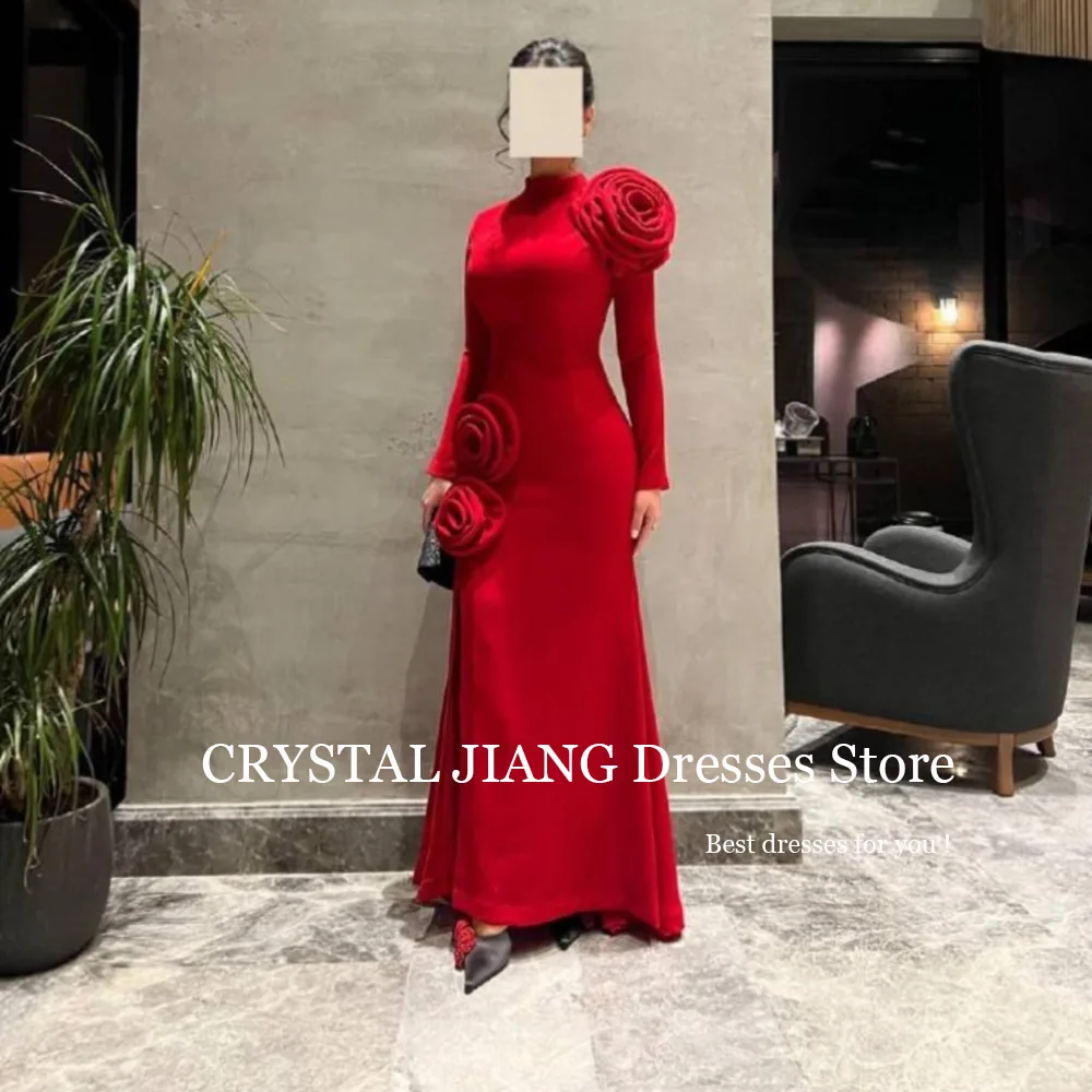 Elegant Long Red Spandex O Neck Evening Dresses Full Sleeves with Handmade Flowers Sheath Floor Length  فساتين سهرة