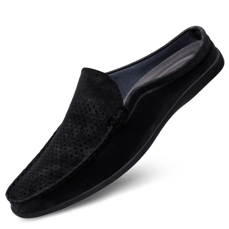 Calçado de couro masculino, mulas casuais, chinelos respiráveis, sapatos confortáveis, amarelo, preto, bege, verão