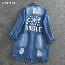 Long Denim Jacket Hole for Women Oversize Coat Casual Loose Jeans, Female Outwear, Windbreaker Autumn Coat Letter Plus Size 2025