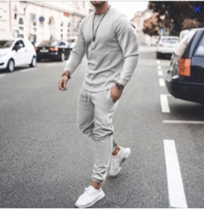 Summer New Trend Long-Sleeved Leisure Sports Suit Two-Piece Men\'s Breathable Sweat-Absorbing Trend Multi-Color Suit