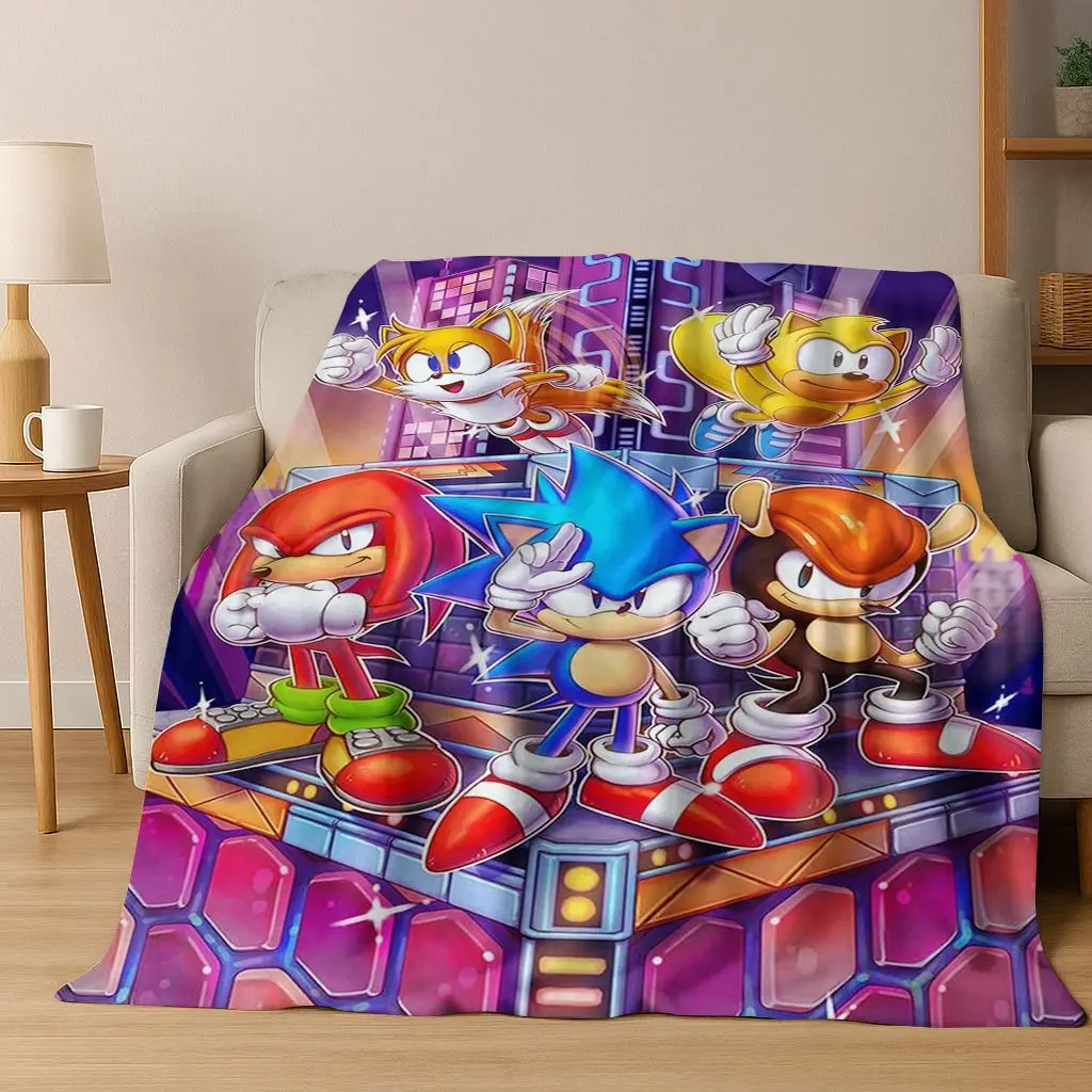 Classic S-Sonic Game Cartoon Hedgehog Flannel Blanket Soft Warm Throw Blanket for Bed Bedroom Room Living Room Travel Picnic Kid