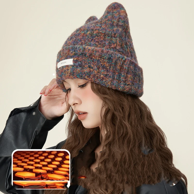 Fashion Warm Cashmere Wool Skullies Angola Rabbit Fur Winter Knitted Beanies Women Cap Female ThreeFold Ski Outdoor Hats view 3