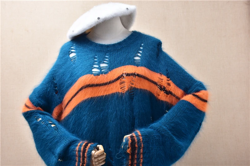 Ladies Women Autumn Winter Colored Hairy Angora Rabbit Hair Knitted Irregular Fashion Hollows Long Sleeves Loose Sweater Jumper