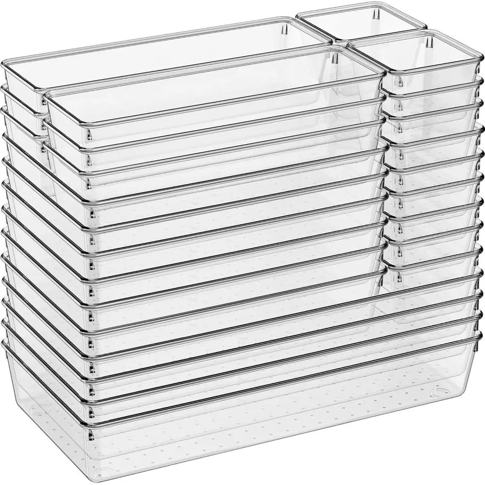 

Large Clear Plastic Der Organizer 28 Pack - 5 Sizes (XL to small) Acrylic Der Organizer Trays or Kitchen Utensils, Gadgets