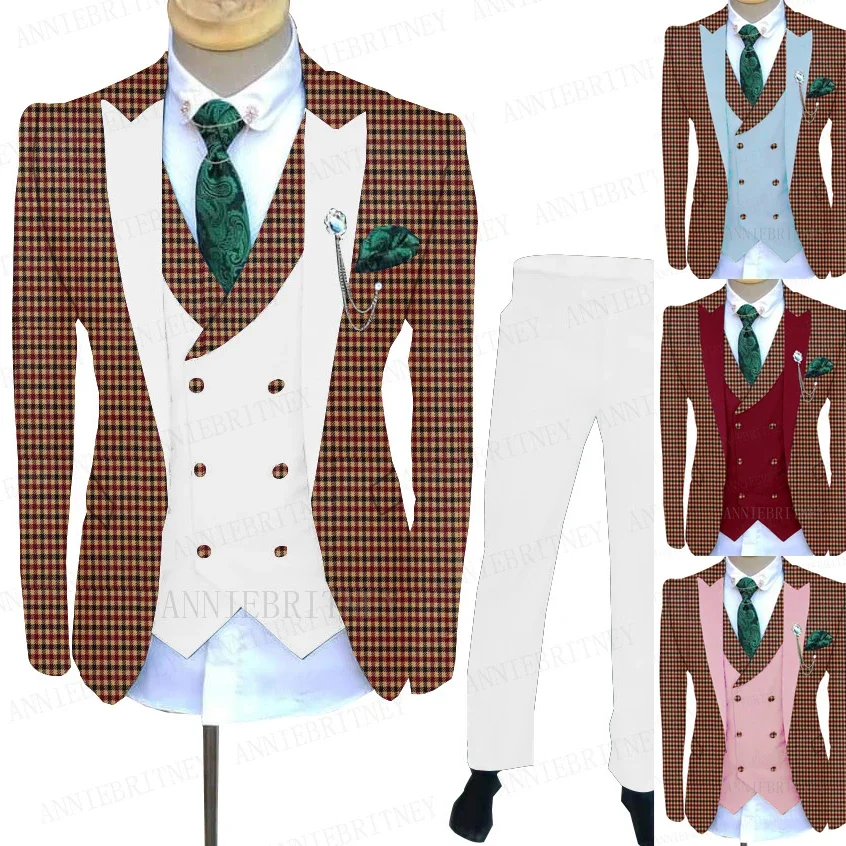 2021 Brand New Designs Burgundy Plaid Suit Men with white Vest Pants Custom Slim fit Blazer Groom Wedding Dinner Dress Tuxedo