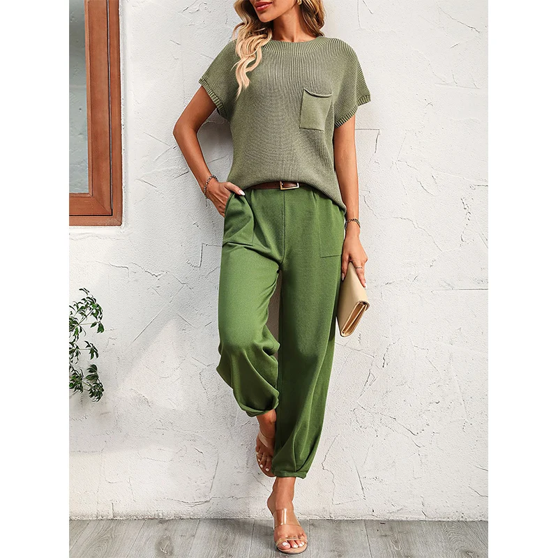 Summer Autumn New Loose Casual Short Sleeve Sweater Pants Set Female Knitting Pullover Tee Top Sweat Pants Suit Women's Clothing