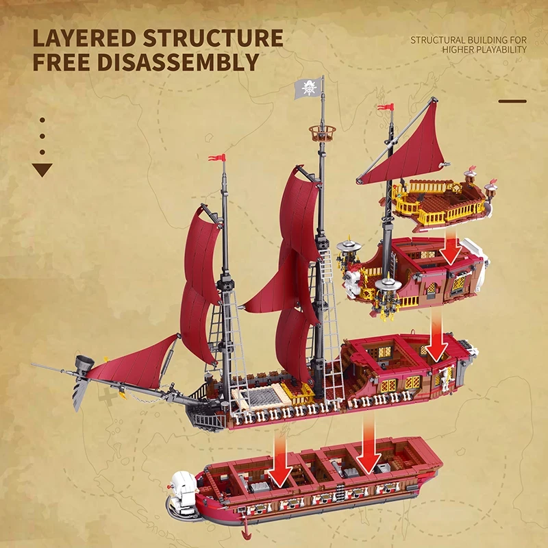 Blocos de construção Red Sail Boat, vingança da rainha Anne, modelo de navio pirata, brinquedos de tijolos, decoração criativa, presente infantil, 3066 peças