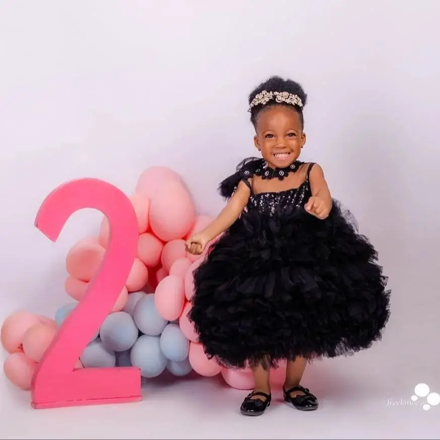 Little Black Kids Birthday Dresses Extra Puffy Ruffle Flower Girl Dresses for Wedding Party Baby Girls Prom Gowns for Photoshoot