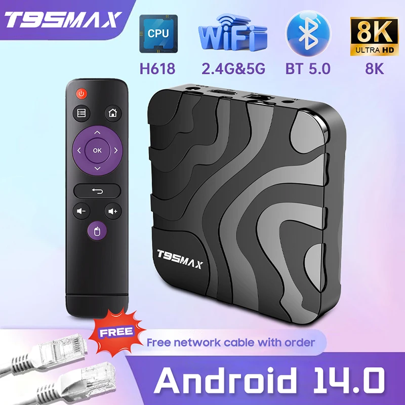 T95 Max Smart TV Box Android 14 8K ثنائي النطاق WiFi 2.4G/5G Bluetooth 5.0 Streaming Media Player Set Top Box لجوجل Netflix
