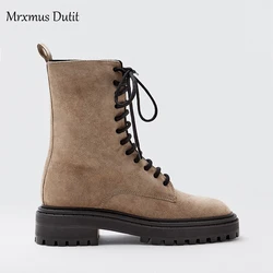 Mrxmus England High Street Vintage Side Of Zipper Cowhide Ankle Boot Winter Boots Women Shoes Woman Botas Mujer Shoes Female