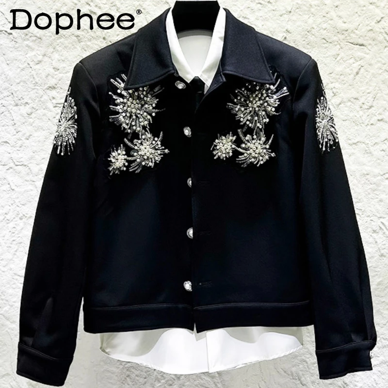 

High-End Embroidered Flower Beaded Lapel Jackets Men's Fashion 2025 Autumn New Trendy Jackets Fashion Light Luxury Short Coats