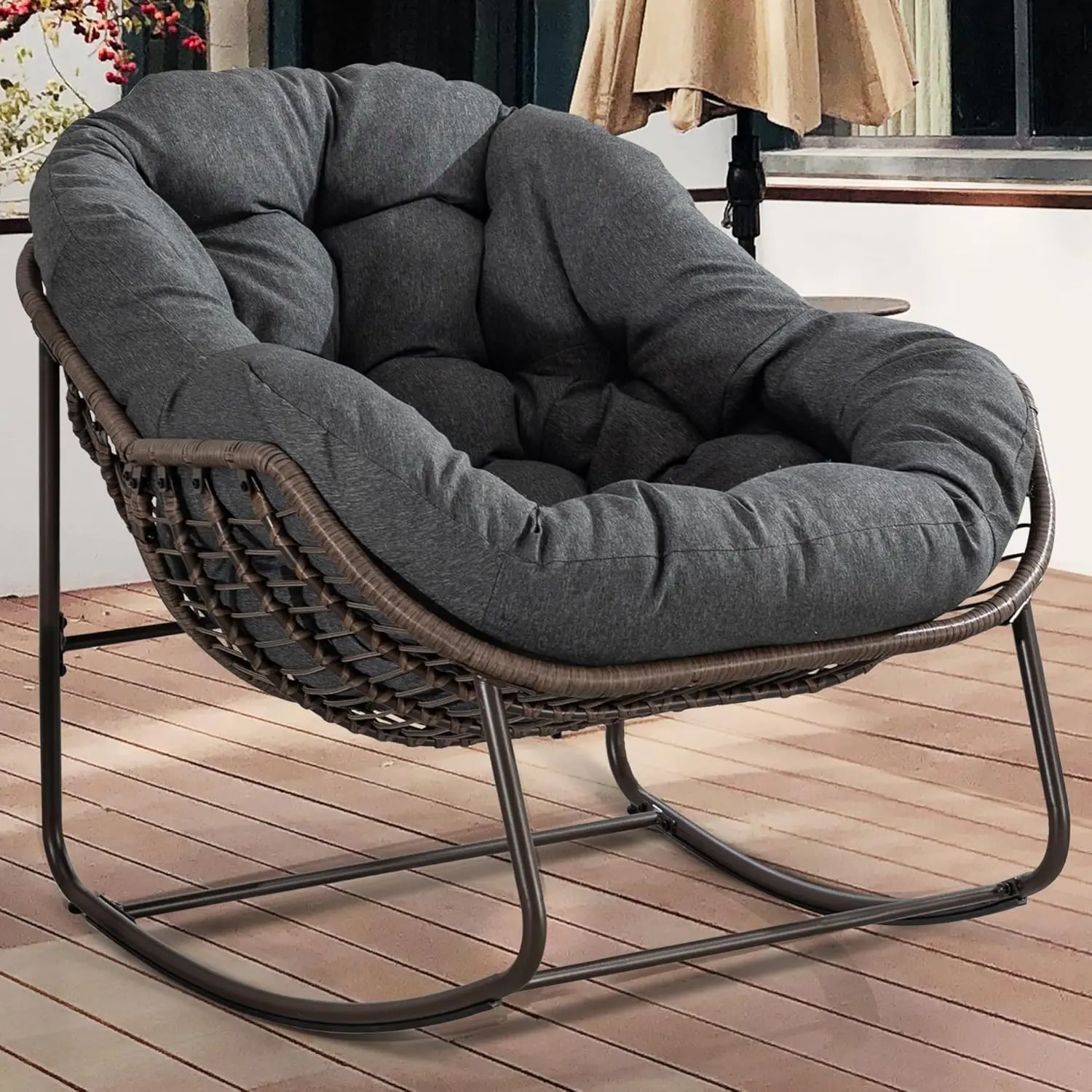 Outdoor Patio Rocking Chairs, Oversized Papasan Rocking Chair Indoor with Padded Cushion - Rocker Egg Chair for Front Porch, Gar