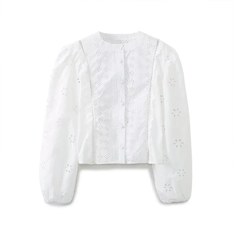 

Summer Women's Button Long Sleeve Round Neck Hollow Embroidery Shirt Top 2024 New Casual Fashion Casual Short Shirt Top