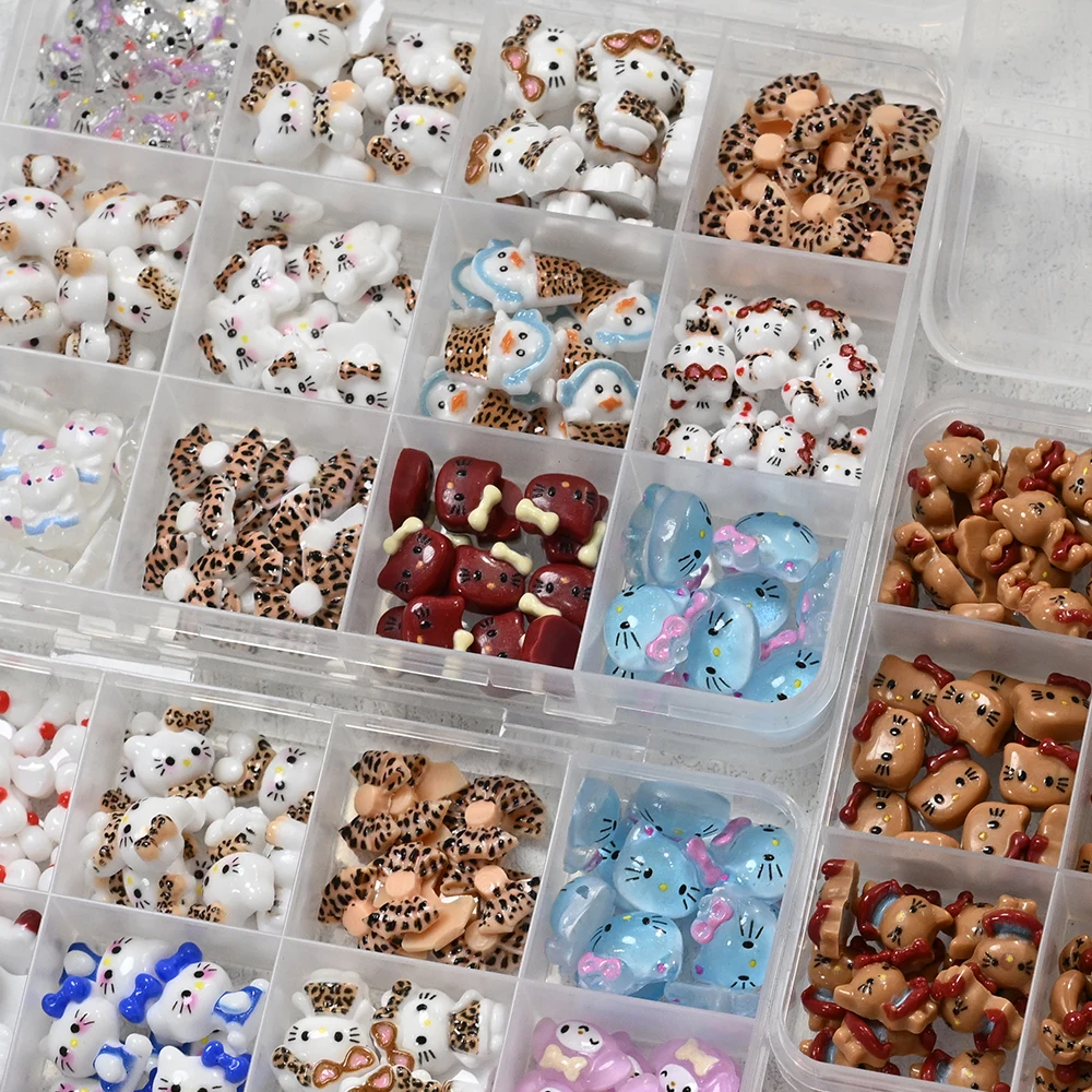 12 rasters herfst luipaard Hello Kitty nagelbedels 3D schattig luipaardprint strik Kitty kat cartoon nagelonderdelen hars DIY nagel december