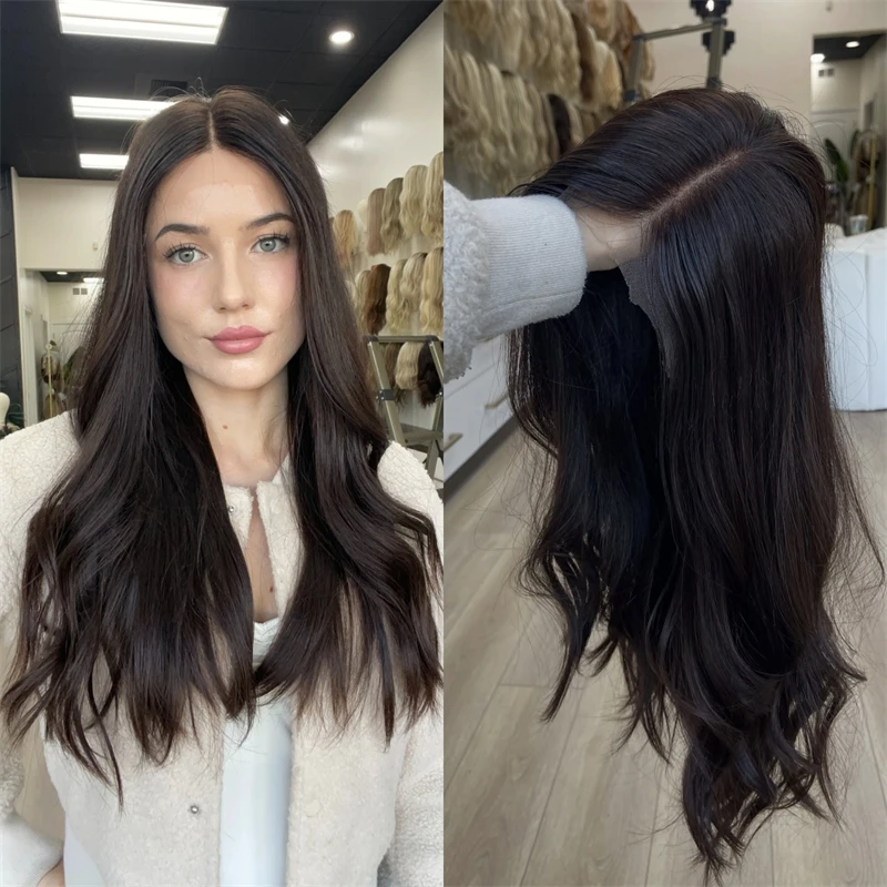 

Реалистичные предварительно сорванные парики для волос, темный брюнетка, коричневый парик, швейцарский HD Trabsparent, парик спереди, маленькая кепка большого размера для женщин