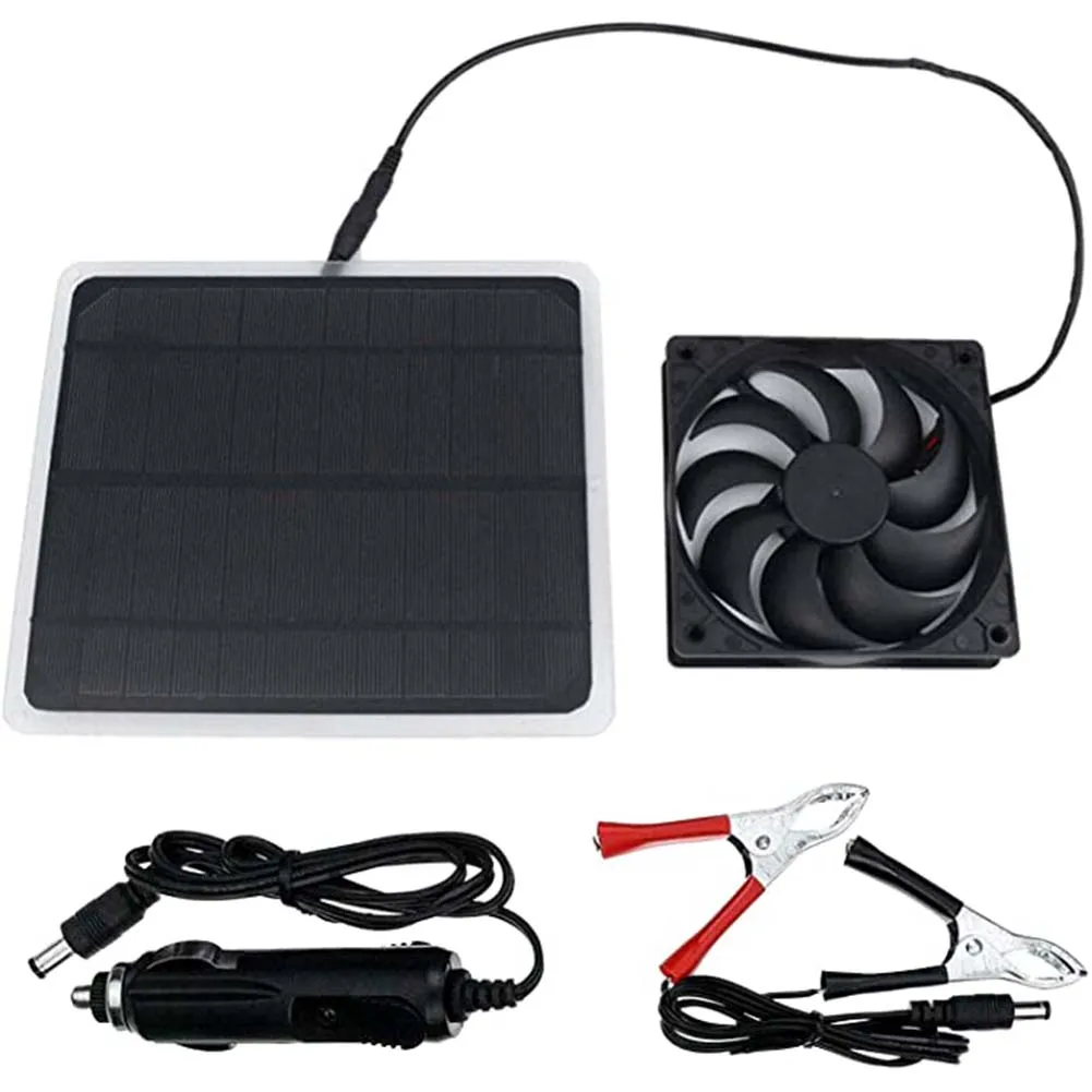 Iron Fan Outdoor Panel Portable Solar Powered Treehouse Ventilator 2pcs Set Accessories Black Camping Chicken Dog