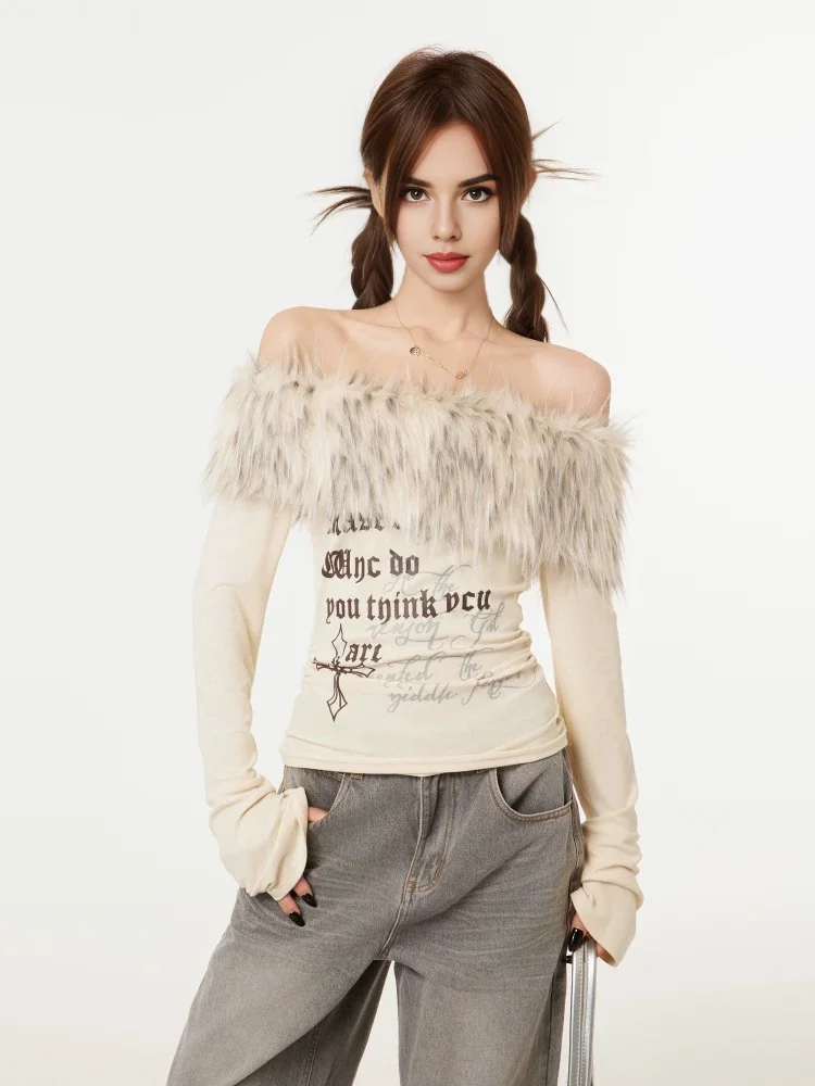 2024 Women Fall Sexy Off Shoulder FUR Collar Beige Shirts Monogram Letter Pattern Long Sleeve Tops Baddies Club Clothes