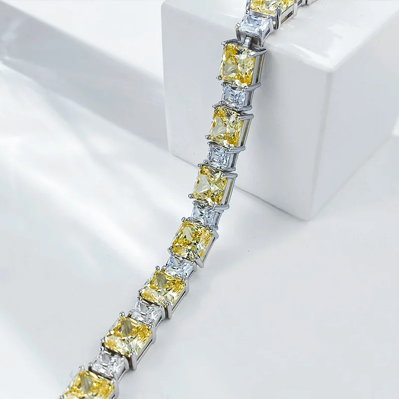 S925 Silver Bracelet Zircon 7 * 7 Ice Flower Yellow Diamond Bracelet Women\'s Style Bracelet Jewelry