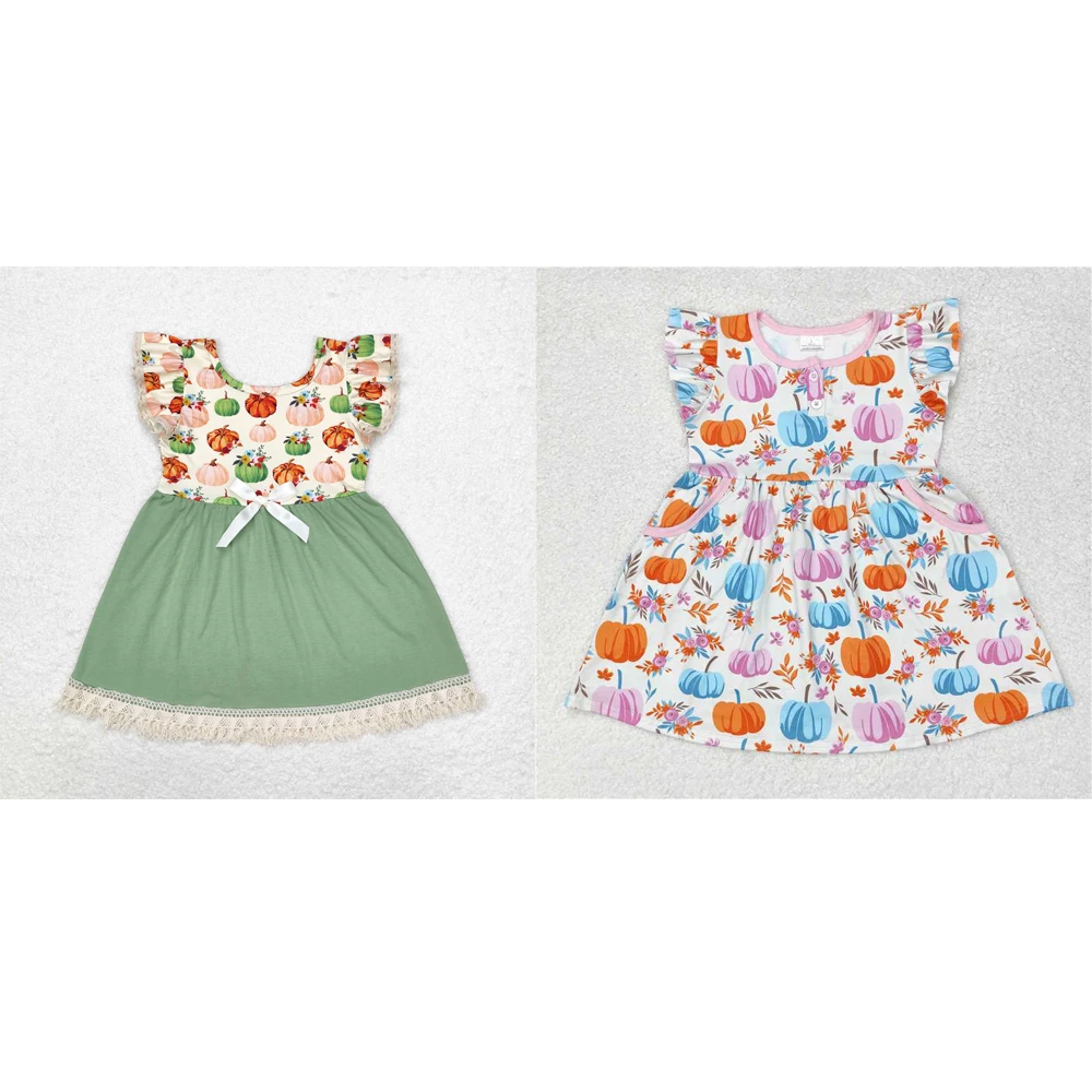 

wholesale western boutique children clothing baby girls clothes Halloween Pumpkin Flower Lace lace green flying sleeve dress